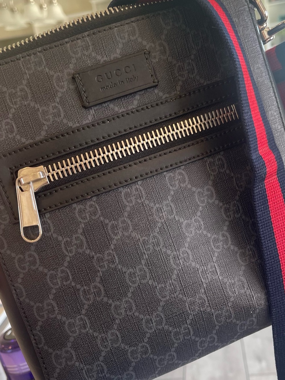 Gucci Black GG Supreme Crossbody Bag with Red/Blue Web Strap